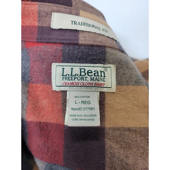 VTG LL Bean flannel Shirt L plaid button-up 100% cotton Freeport Main USA Red - Picture 2 of 3